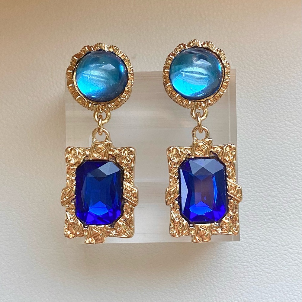 Blue and gold drop earrings with a vintage vibe